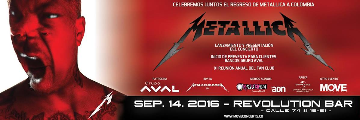 Fiesta de lanzamiento concierto de Metallica en Colombia 2016, Sep 14 en Revolution Bar de Bogotá